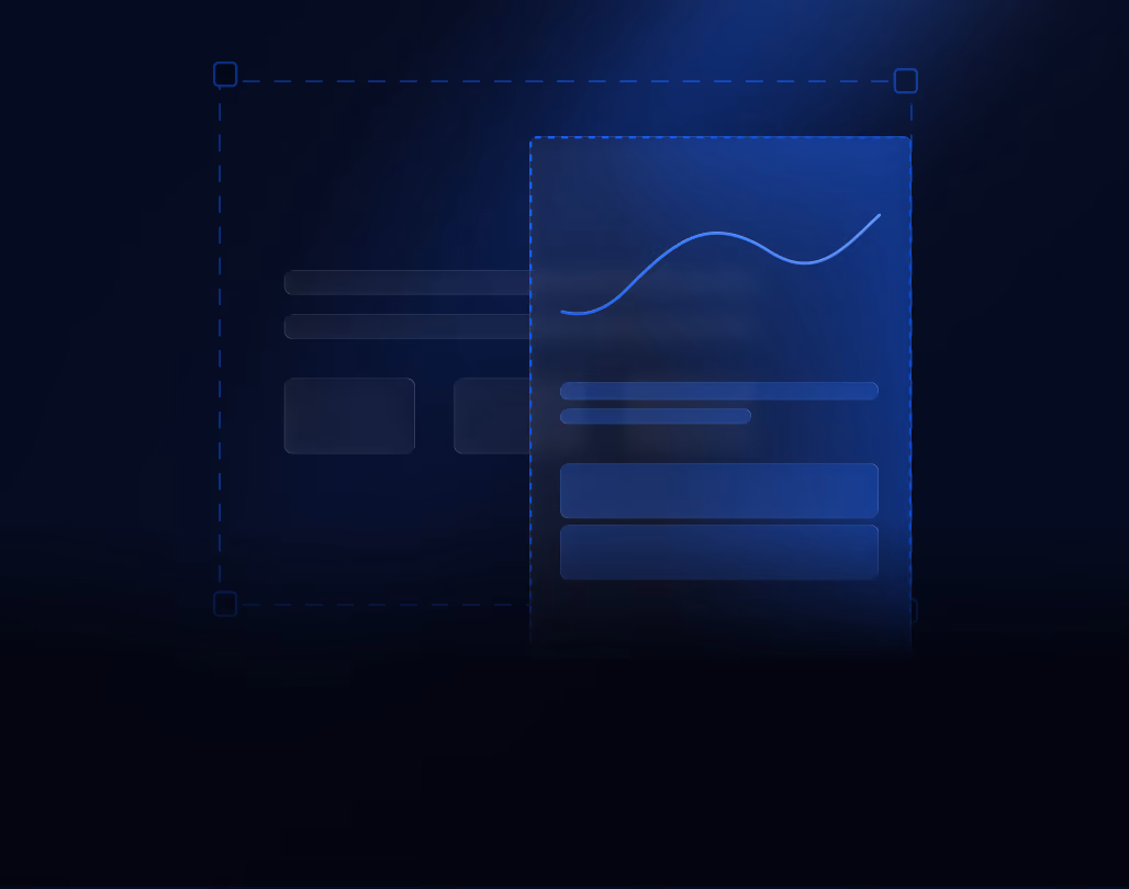 Dark blue translucent UI interface elements including a rectangular form with two buttons and a vertical panel showing a wavy line chart above text lines and two buttons.