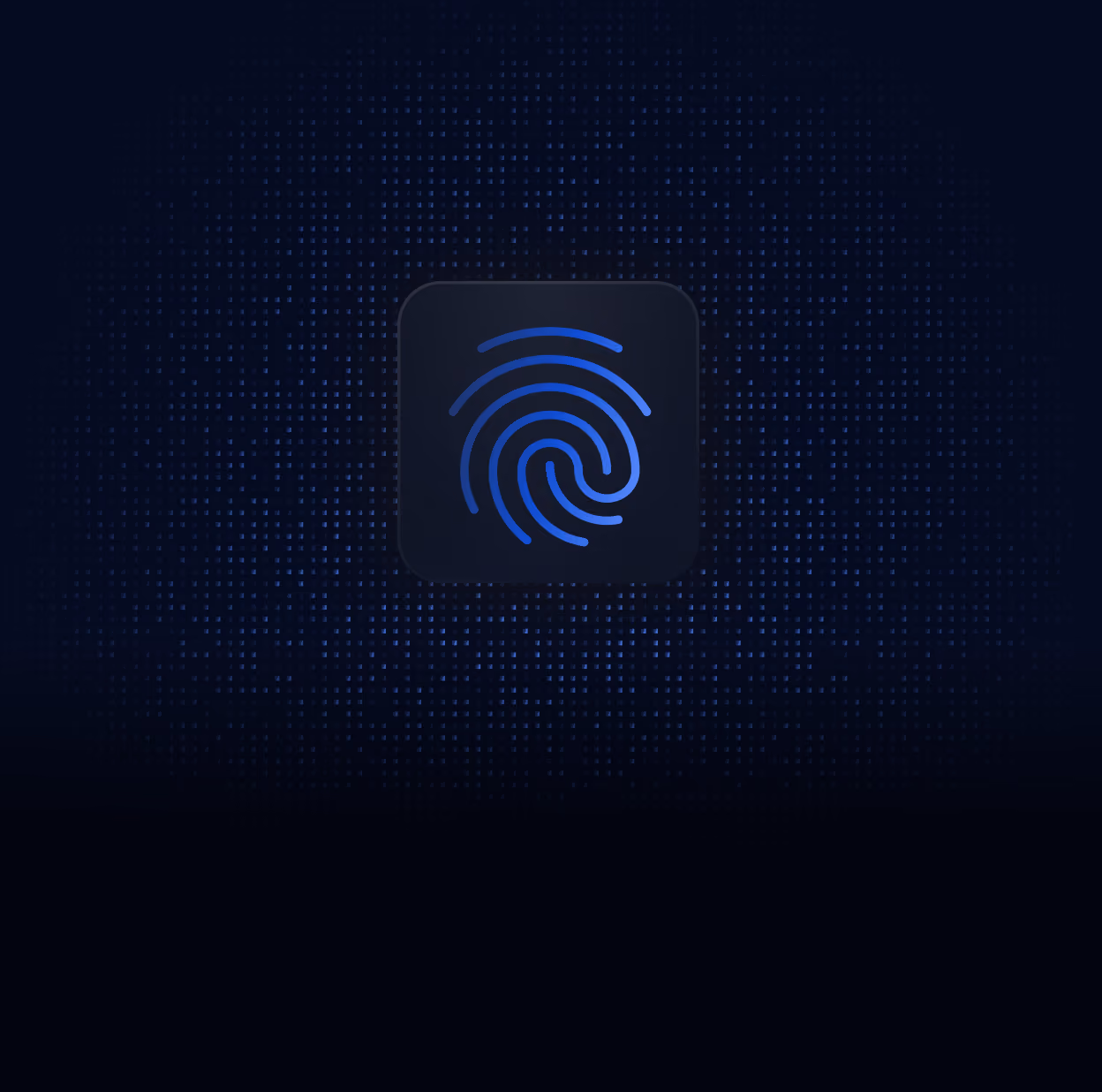Blue fingerprint icon centered on a dark square button with a dark digital matrix background.