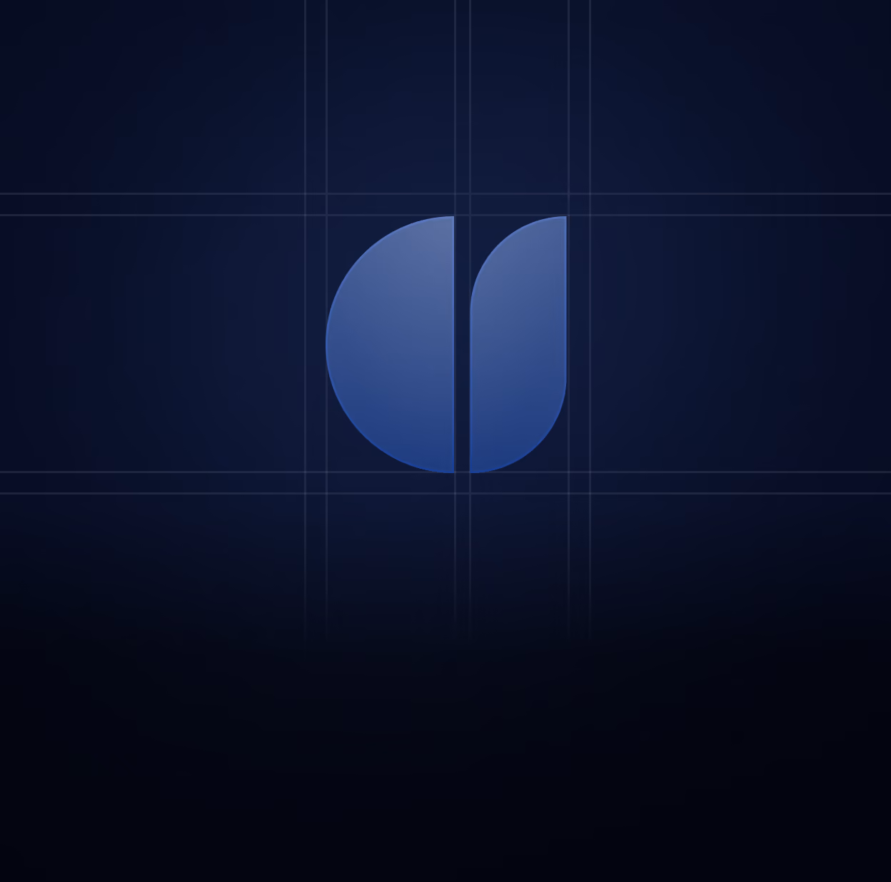 Minimalist abstract logo with two adjacent blue shapes on a dark blue gradient background with subtle grid lines.