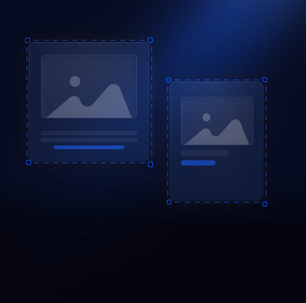 Two dark translucent card-like panels on a dark blue gradient background, each containing a faded image placeholder of mountains and a sun, with lines representing text and a highlighted horizontal bar beneath.