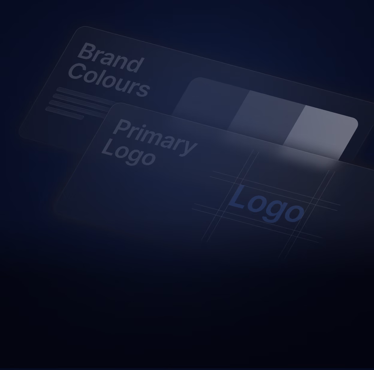 Two translucent dark cards on a dark blue background, one labeled 'Brand Colours' with color stripes, the other labeled 'Primary Logo' with design grid lines framing the word 'Logo'.