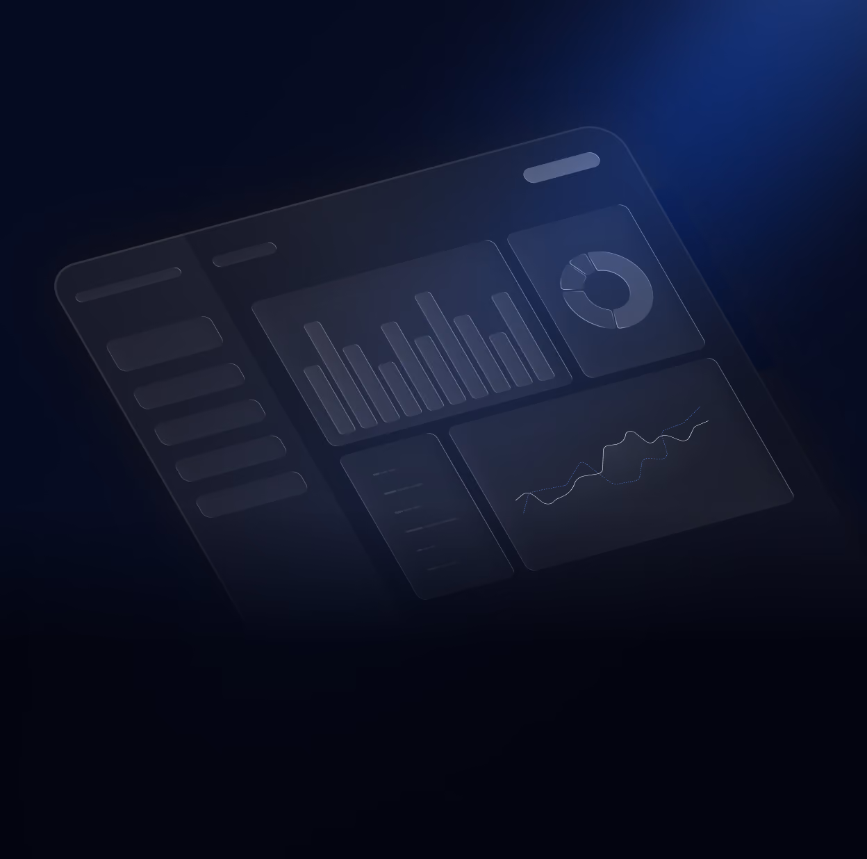 Faint, transparent digital dashboard interface with bar chart, donut chart, and line graph on a dark blue background.