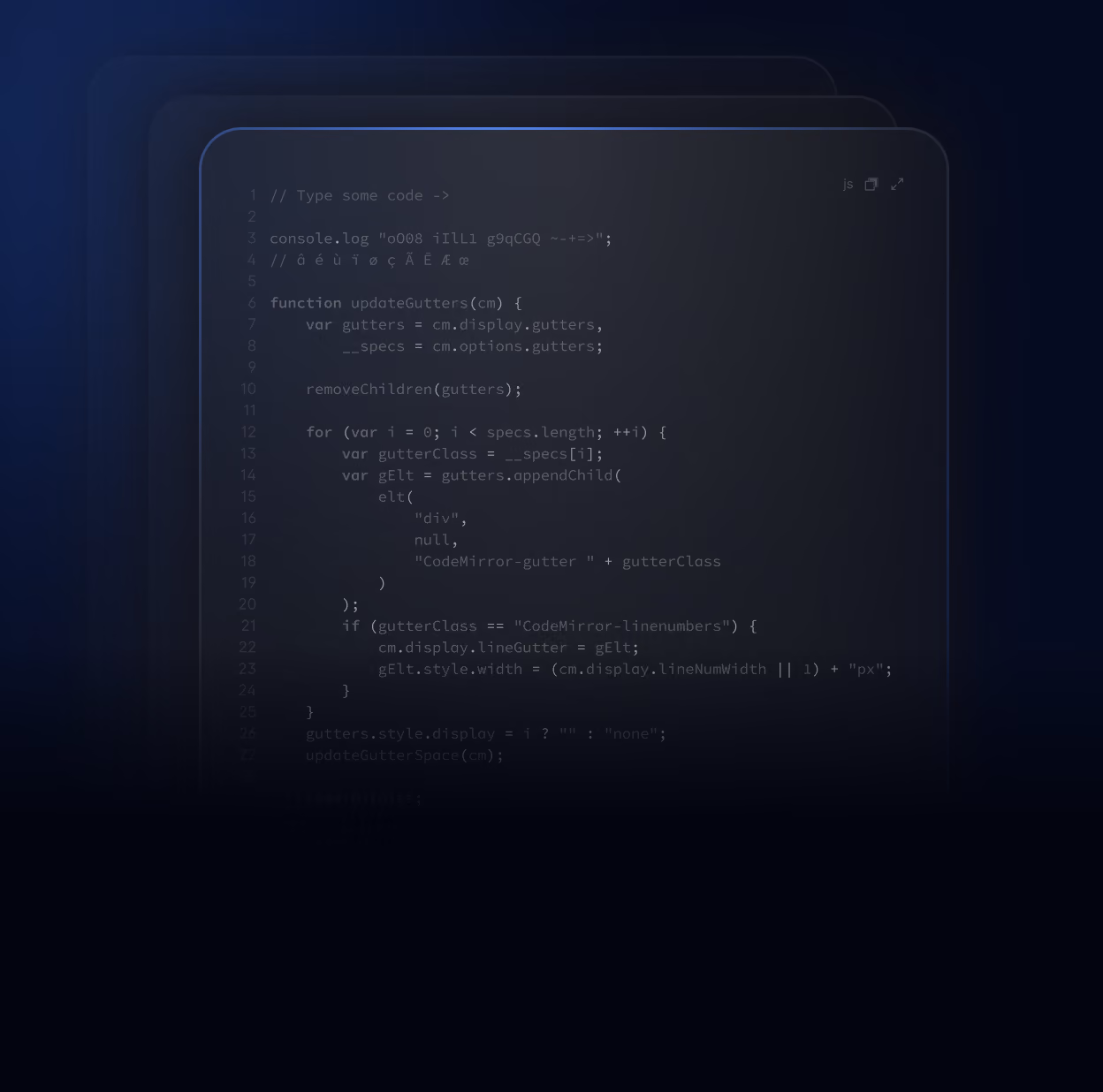 Dark-themed code editor window showing JavaScript code for function updateGutters that manipulates CodeMirror editor gutter elements and style.