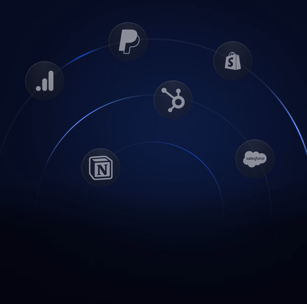 A dark blue background with six circular icons arranged in an arc: Google Analytics, PayPal, HubSpot, Shopify, Notion, and Salesforce logos in gray tones.