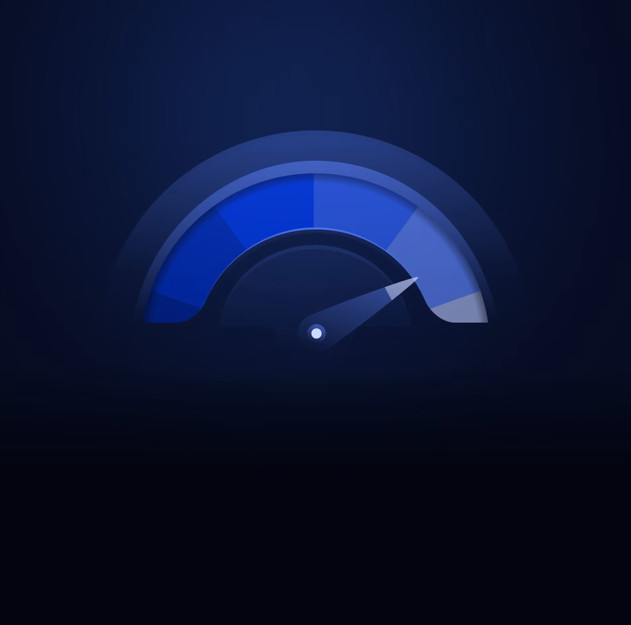 Blue speedometer gauge on a dark background with the needle pointing to the right side, indicating high speed or progress.