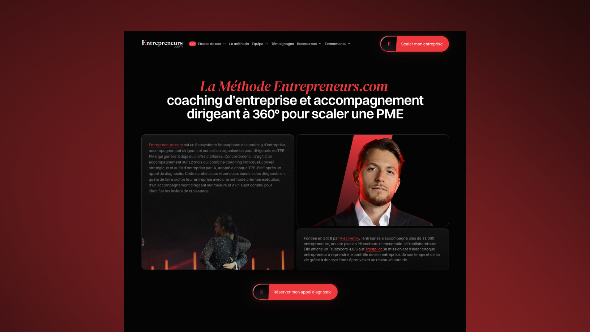 Website homepage for Entrepreneurs.com showing a coaching method for scaling SMEs with a professional headshot of a man with light skin, brown hair, and a beard, wearing a dark suit and white shirt. The page has a dark background with red and white text in French describing business coaching and support, including a section about the company founded in 2018 by Alec Henry. Navigation menus and call-to-action buttons are visible at the top and bottom of the page.