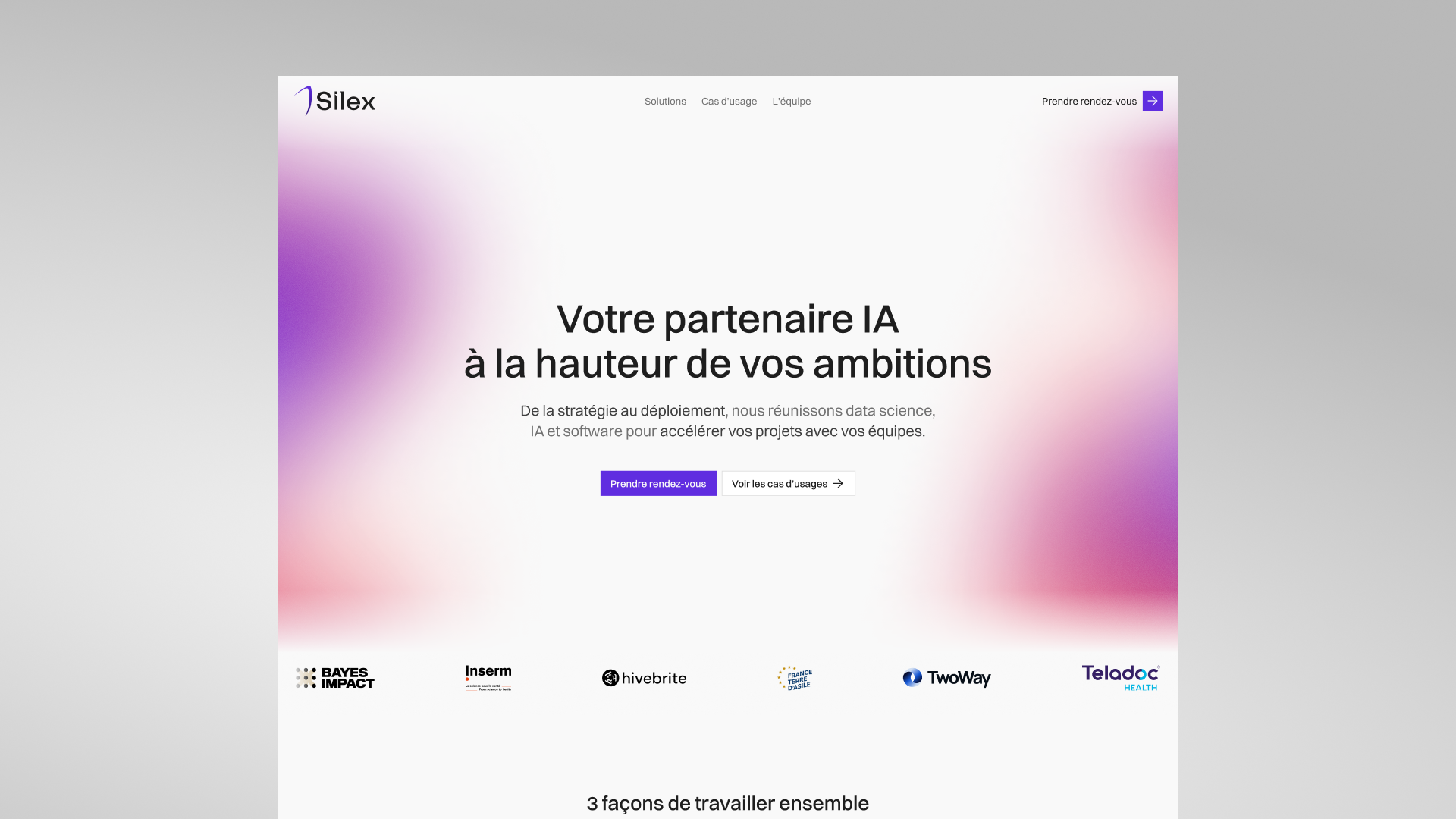 Homepage banner of Silex with text in French stating 'Your AI partner to meet your ambitions', offering data science, AI, and software for accelerating projects, with buttons for scheduling a meeting and viewing use cases, and logos of partner companies BAYES IMPACT, Inserm, hivebrite, FRANCE TERRE D'ASILE, TwoWay, and Teladoc Health below.