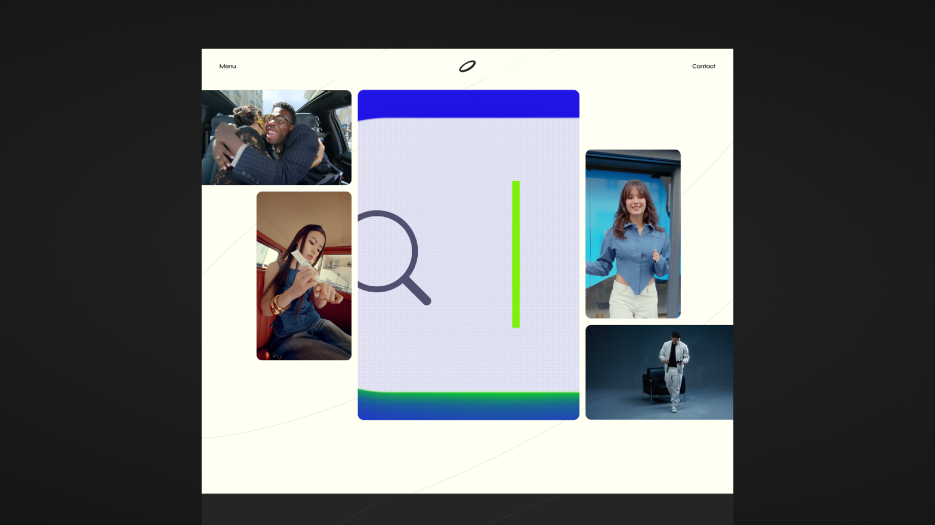 Collage layout featuring four photographs around a central graphic of a magnifying glass icon and a green vertical line on a blue and lavender background; photos include a man and woman hugging in a car, a young woman applying cream on her hand inside a vehicle, a smiling woman in a blue shirt standing, and a man in white attire walking past a chair in a dark studio.