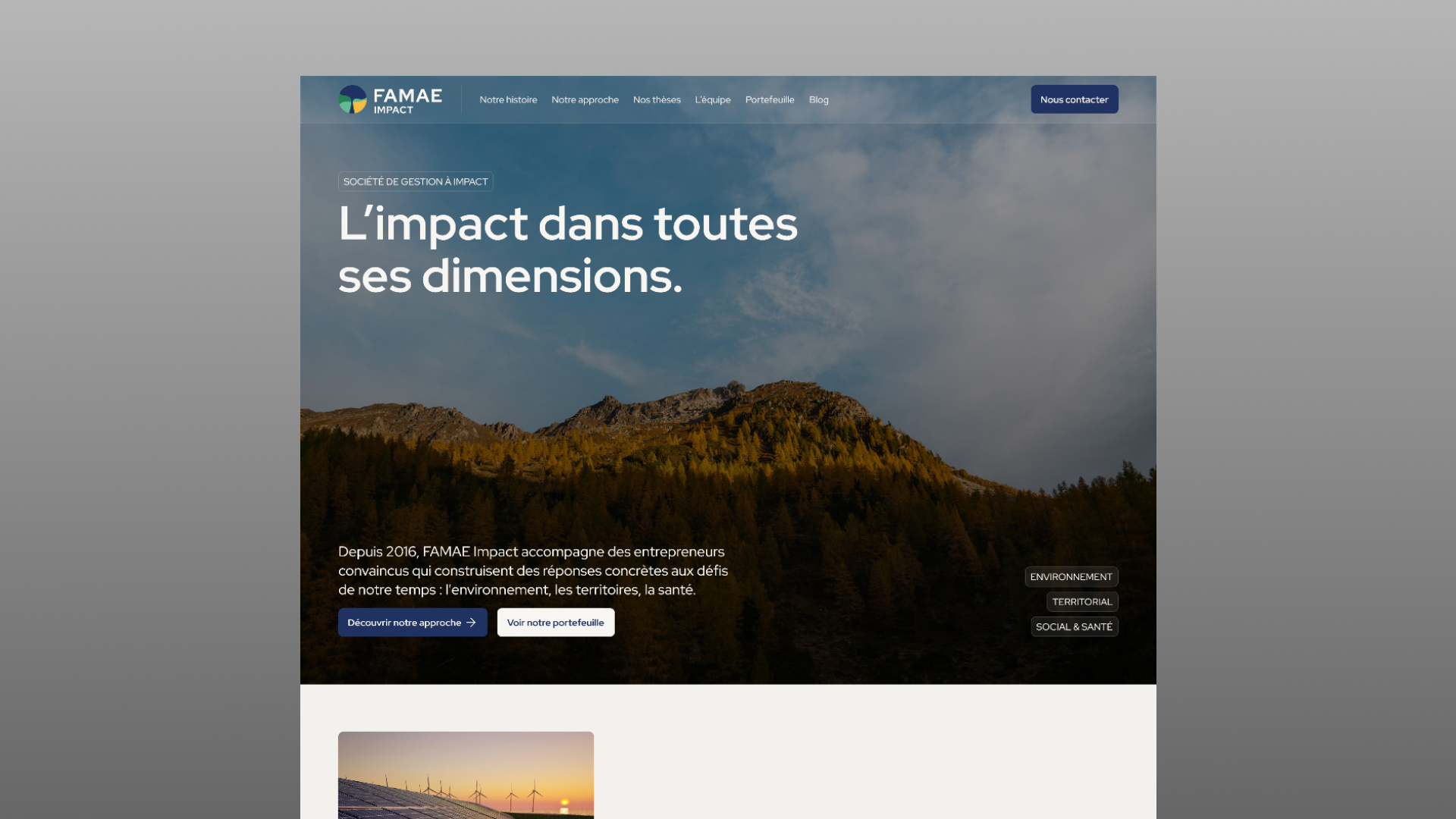Website homepage for FAMAE Impact with a background image of a mountain landscape under a blue sky, white text headline about impact in all its dimensions, navigation links at top, and buttons to discover the approach and view the portfolio.