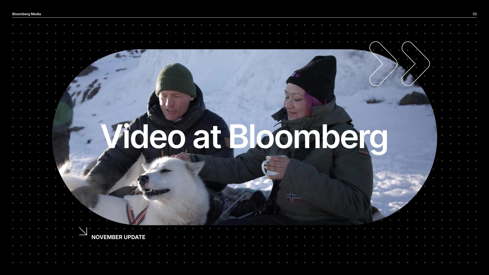 A Bloomberg Media presentation slide reads "Video at Bloomberg" against a still photograph and a black background.