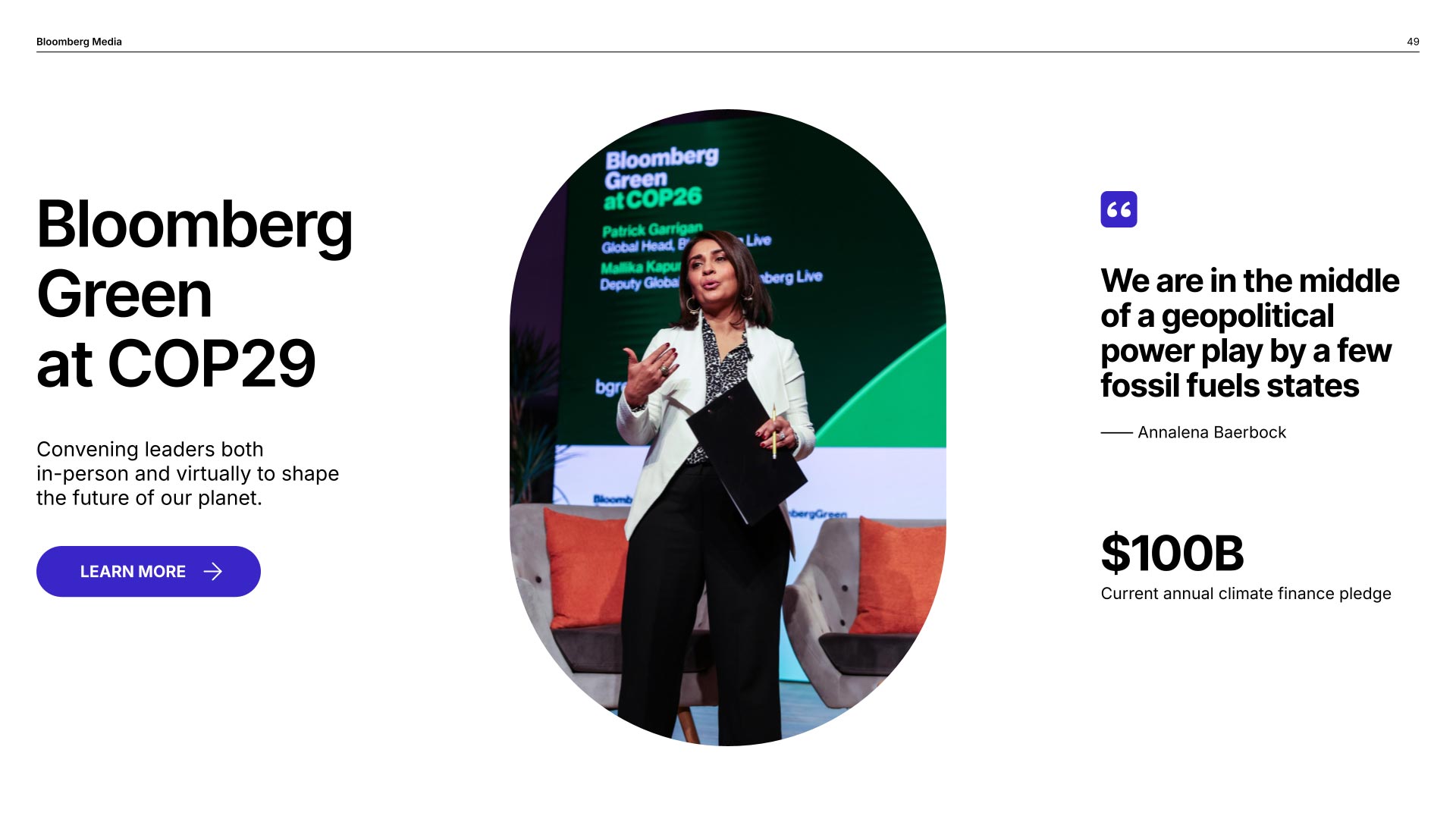 A Bloomberg Media presentation slide reads "Bloomberg Green at COP29" in black text against a white background.