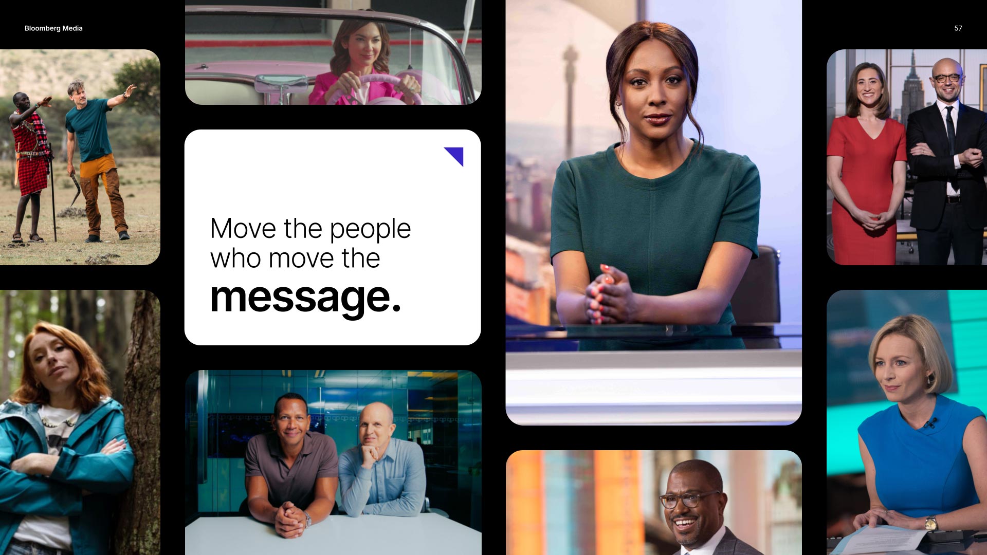 A Bloomberg Media presentation slide reads "Move the people who move the message" against a grid of photography.