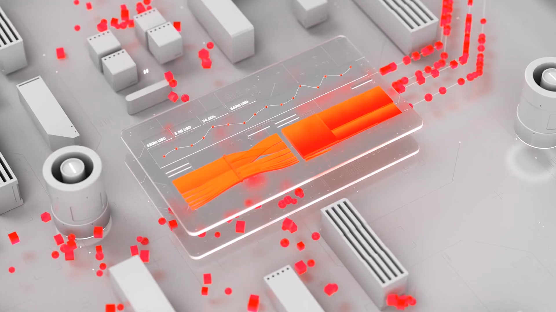 Spreadsheets and graphs are surrounded by pink boxes and gray graphic elements as a representation of the Celonis process.
