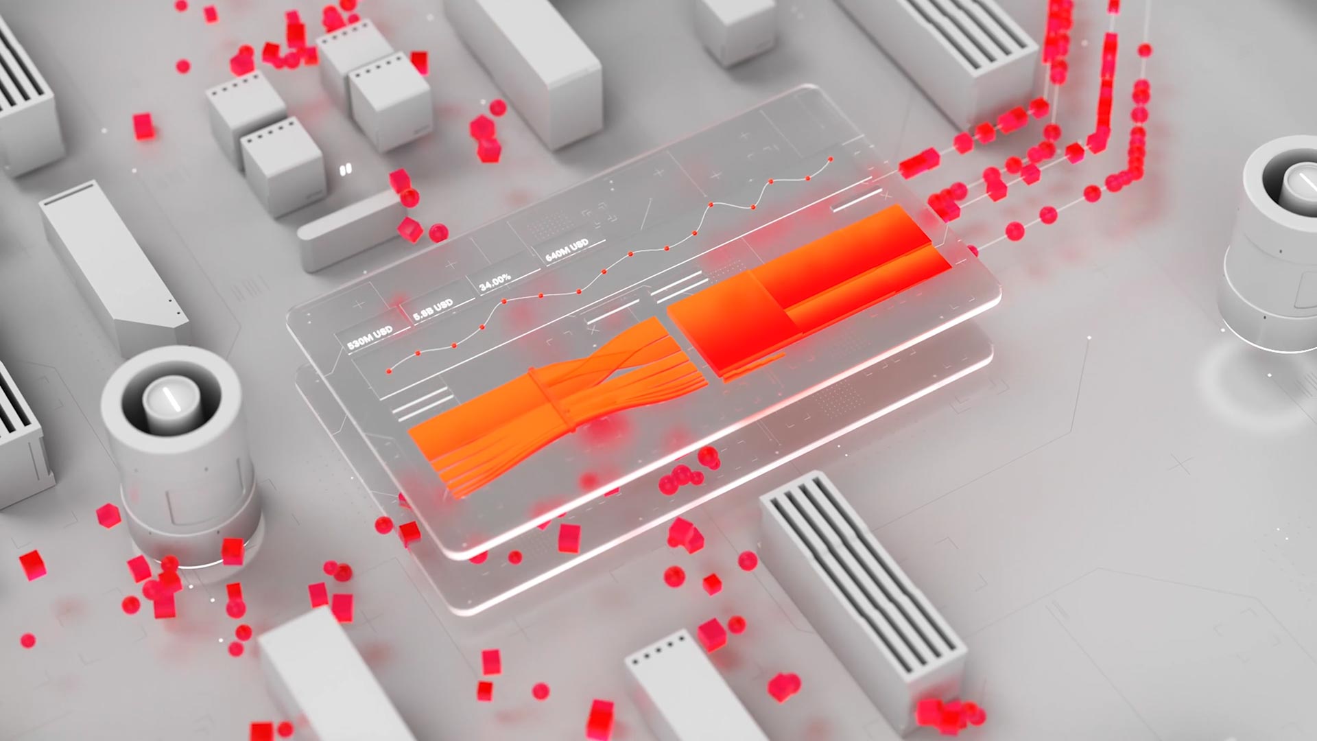 Spreadsheets and graphs are surrounded by pink boxes and gray graphic elements as a representation of the Celonis process.