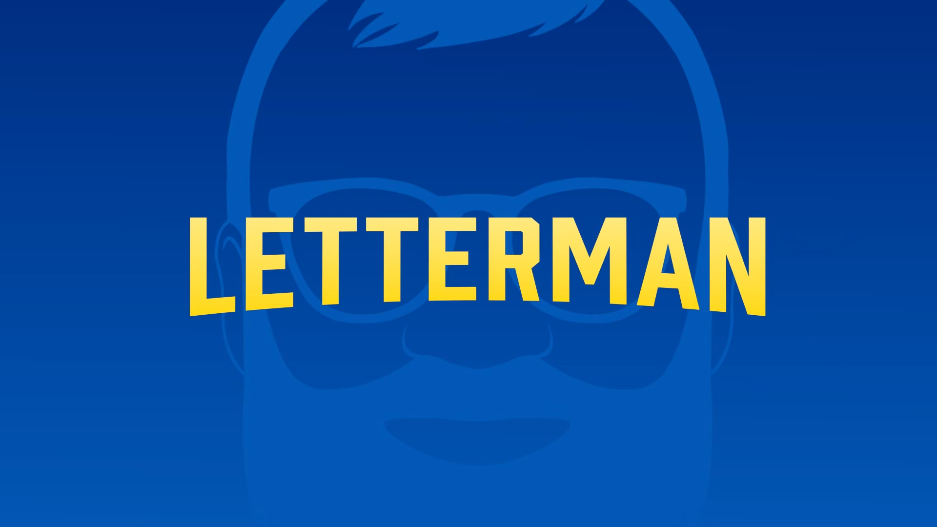 Yellow block text reads "LETTERMAN" against a light blue silhouette of David Letterman over a blue background.