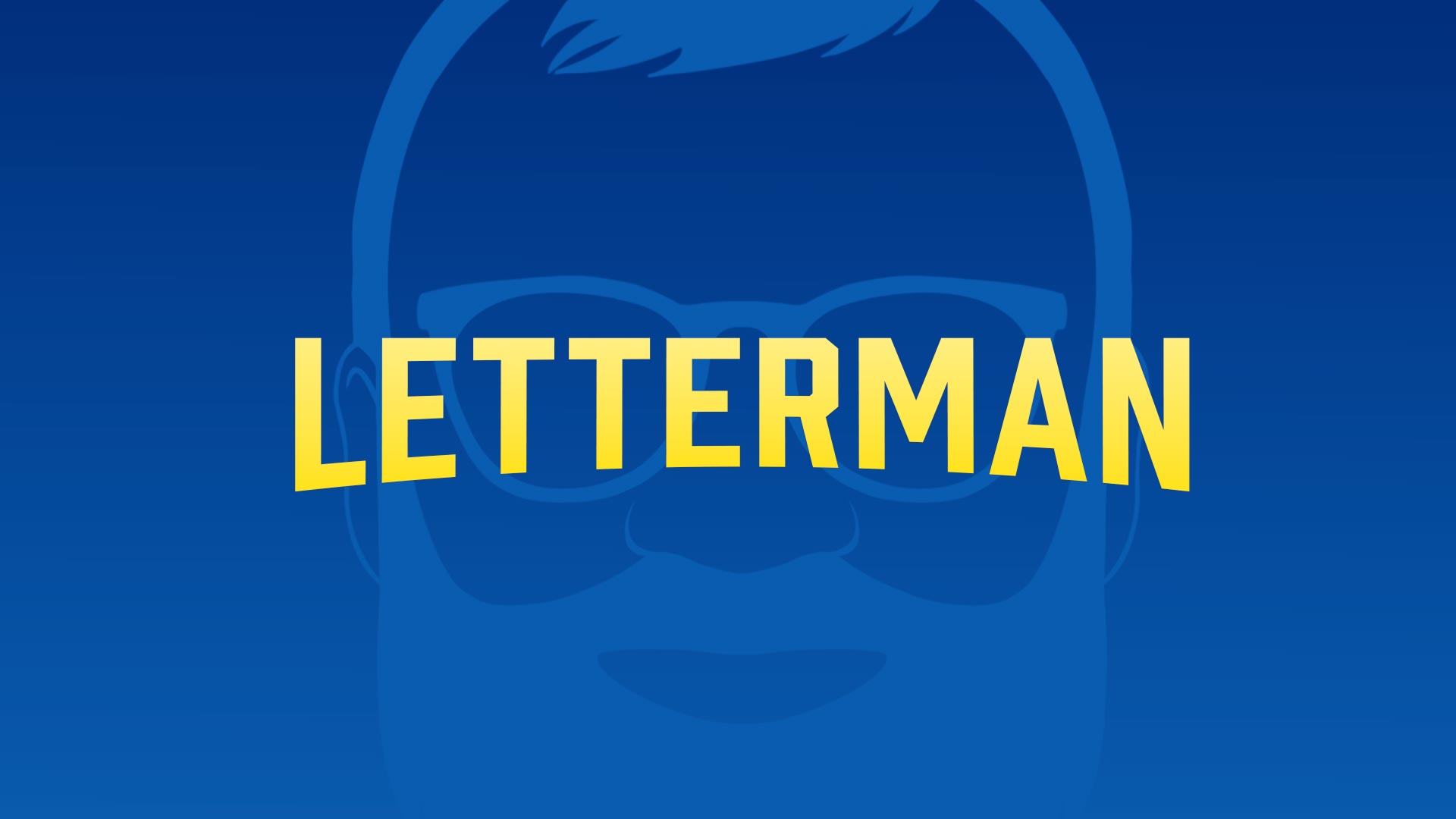 Yellow block text reads "LETTERMAN" against a light blue silhouette of David Letterman over a blue background.
