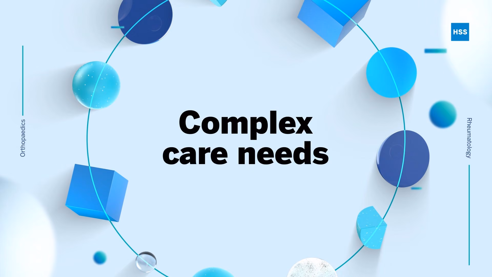Black text reads "Complex care needs," "Orthopaedics," and "Rheumatology" against a blue background with geometric shapes.