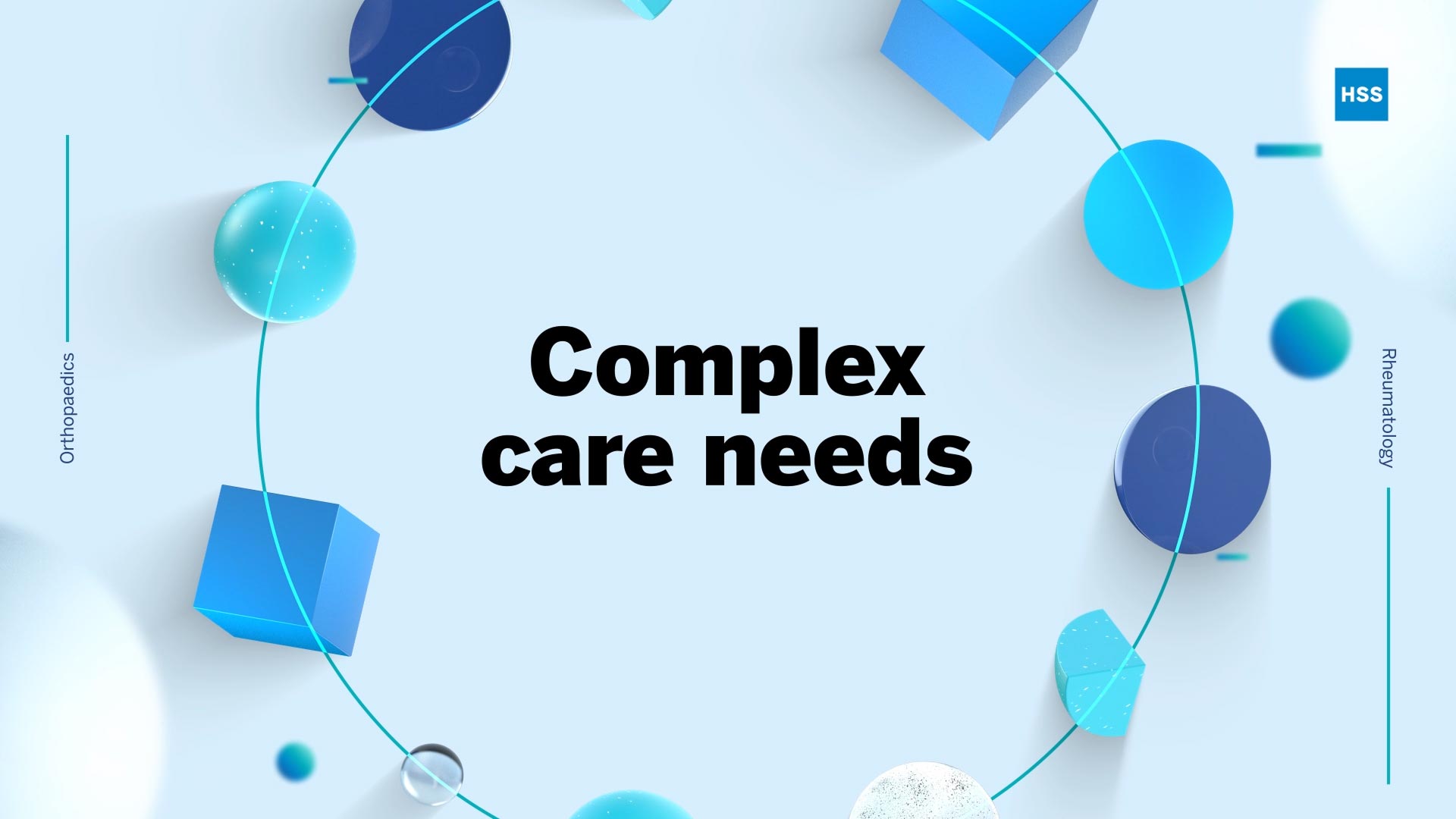 Black text reads "Complex care needs," "Orthopaedics," and "Rheumatology" against a blue background with geometric shapes.