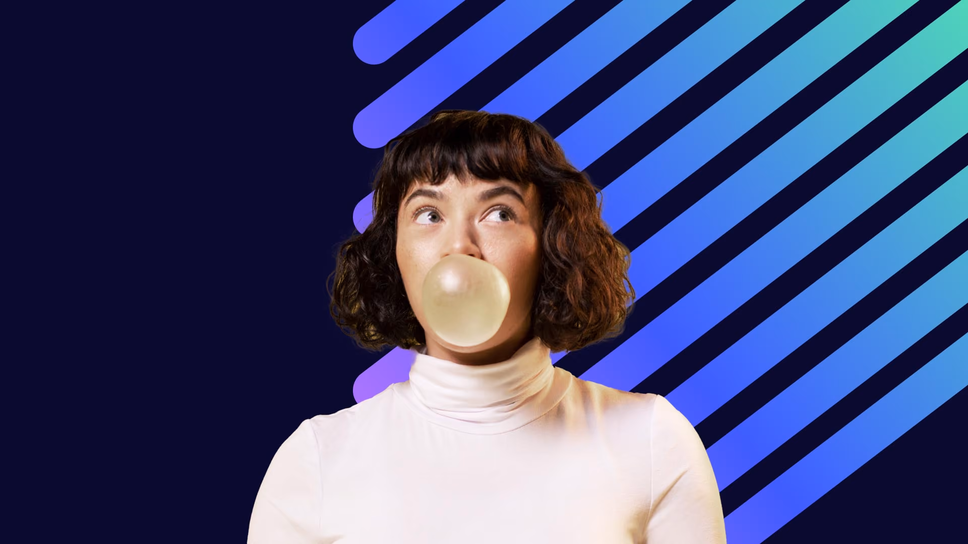 A photo of a brunette woman blowing a bubble gum bubble is shown against a graphic background of gradient blue stripes.