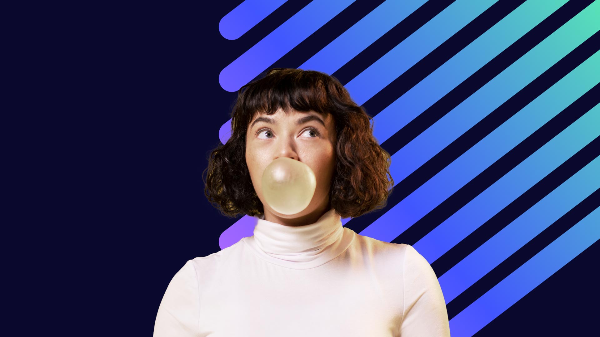 A photo of a brunette woman blowing a bubble gum bubble is shown against a graphic background of gradient blue stripes.
