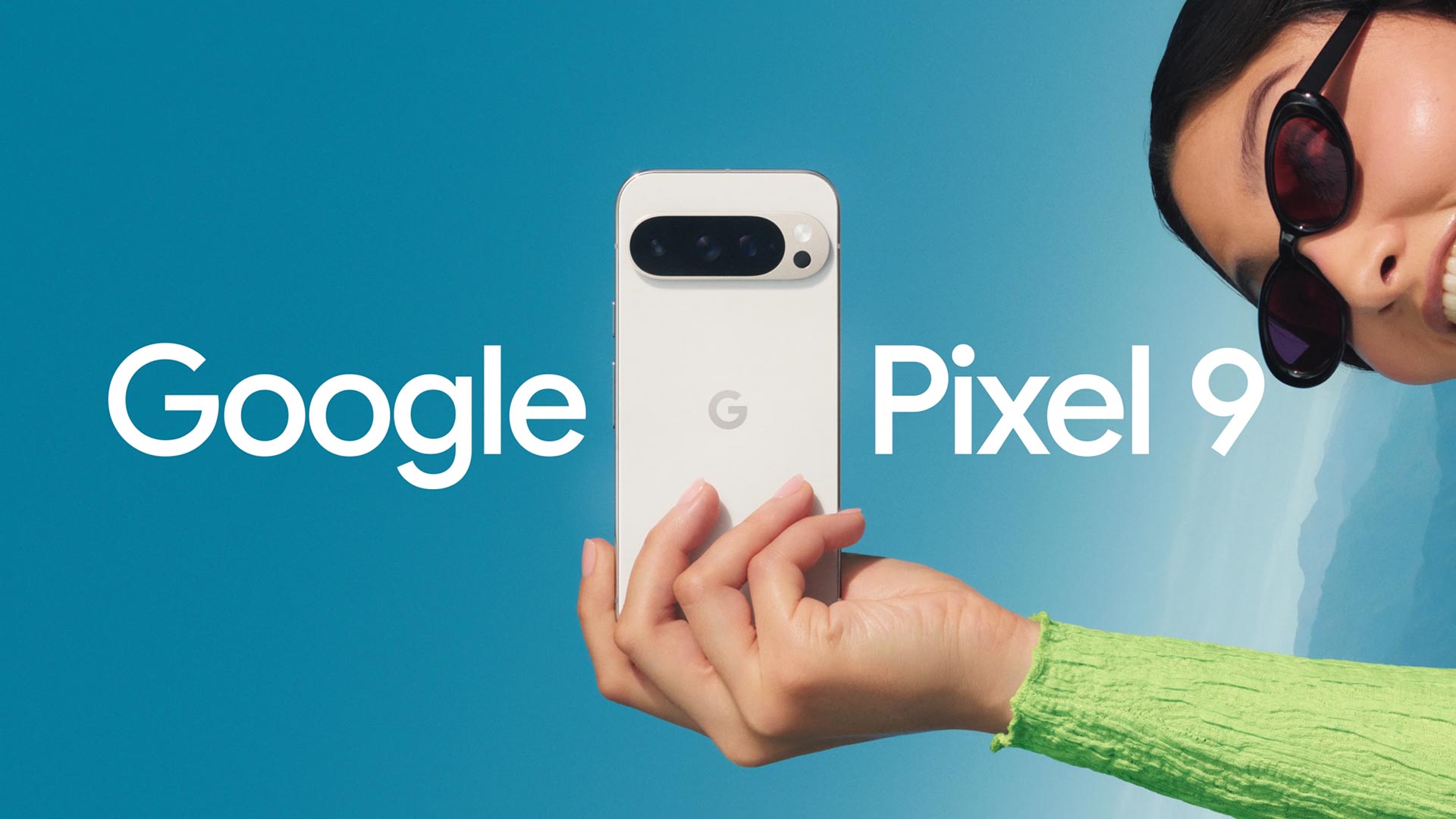 A woman who is partially out of frame holds a white smartphone against a blue background. Text reads "Google Pixel 9."