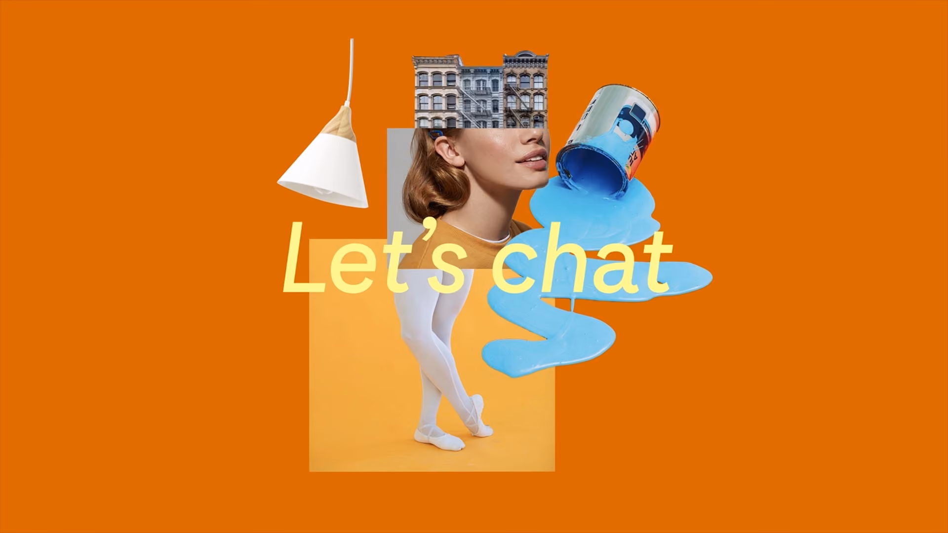 Yellow text reads "Let's chat" against a graphic collage of a paint bucket, a photo of a woman, a building, and more.