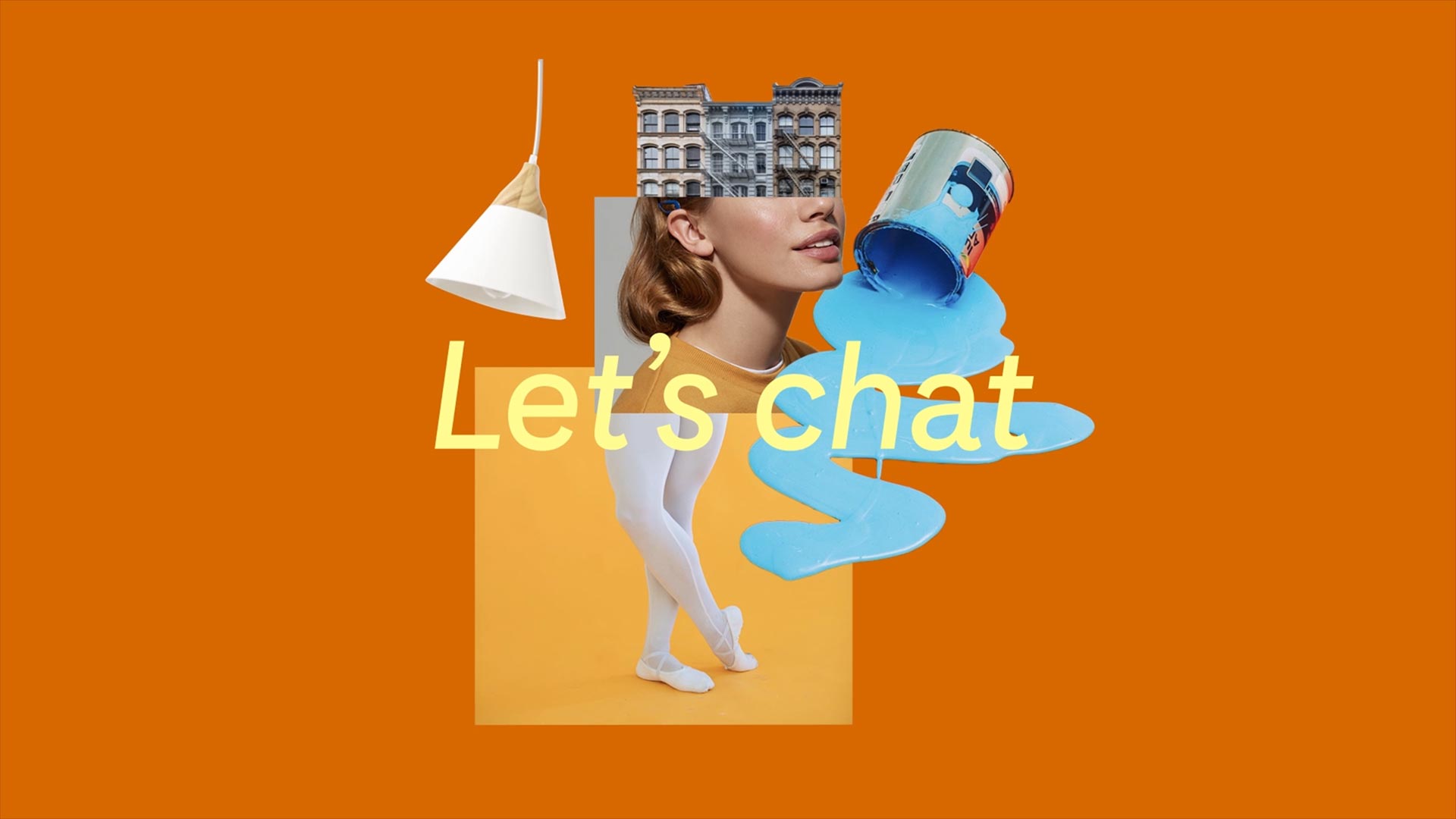 Yellow text reads "Let's chat" against a graphic collage of a paint bucket, a photo of a woman, a building, and more.