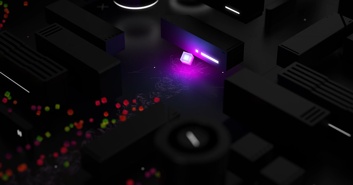 Red, green, and purple glowing cubes are shown traveling through a maze of black abstract shapes.