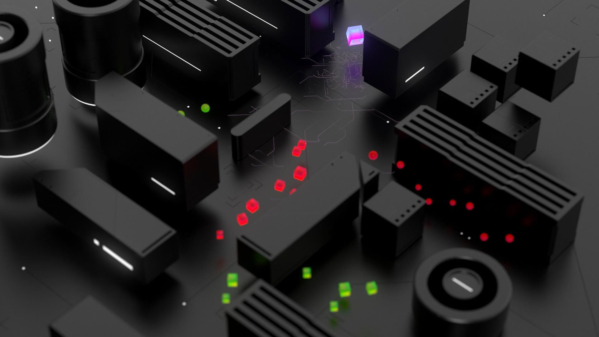 Red, green, and purple glowing cubes are shown traveling through a maze of black abstract shapes.