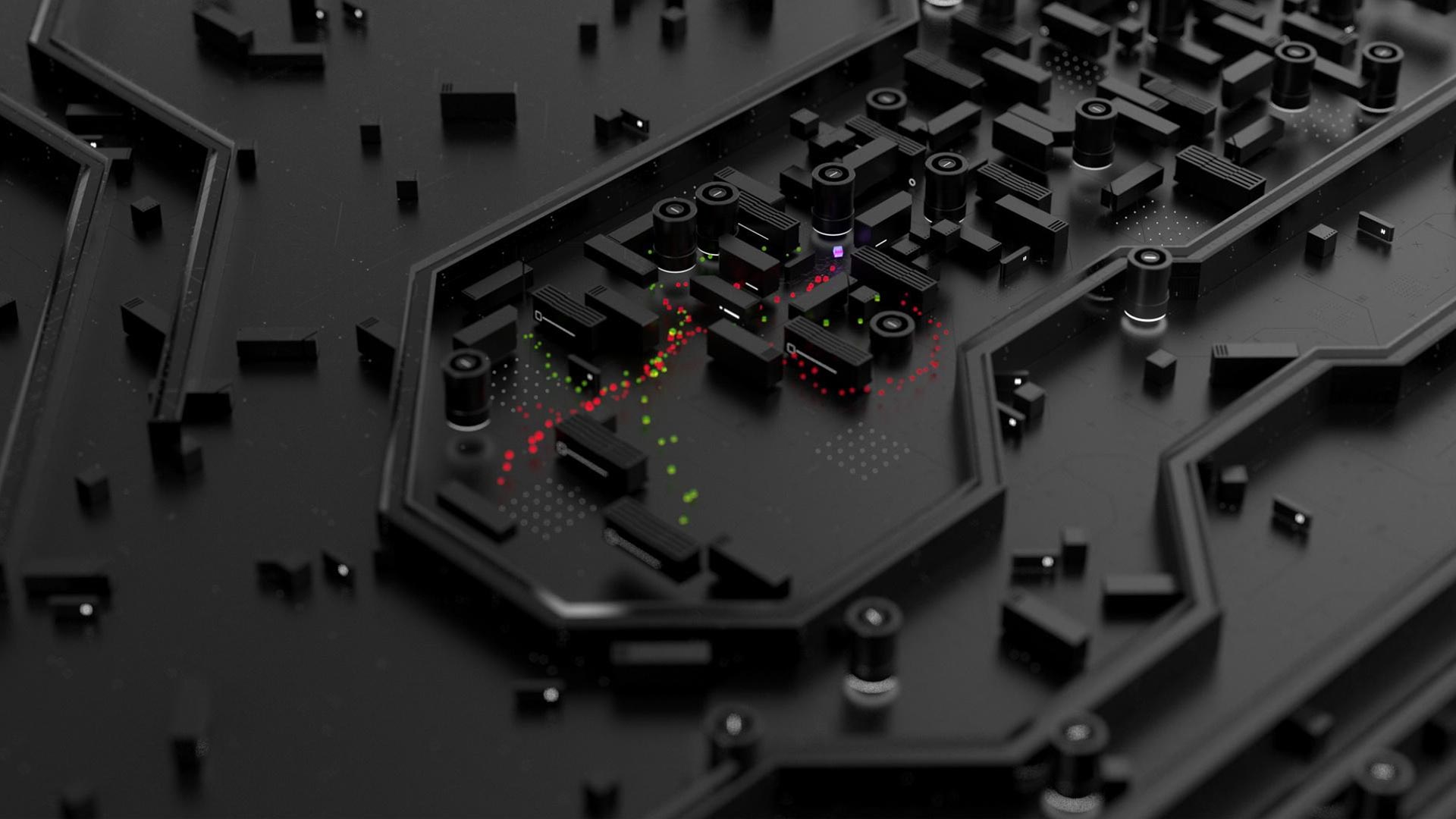Red, green, and purple glowing cubes are shown traveling through a maze of black abstract shapes.
