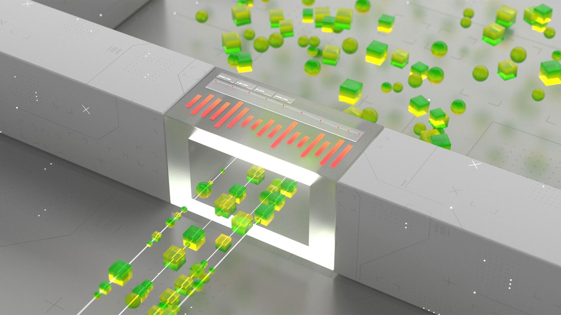 Glowing green cubes are shown moving into a gray space as part of the abstract demonstration of the Celonis process.