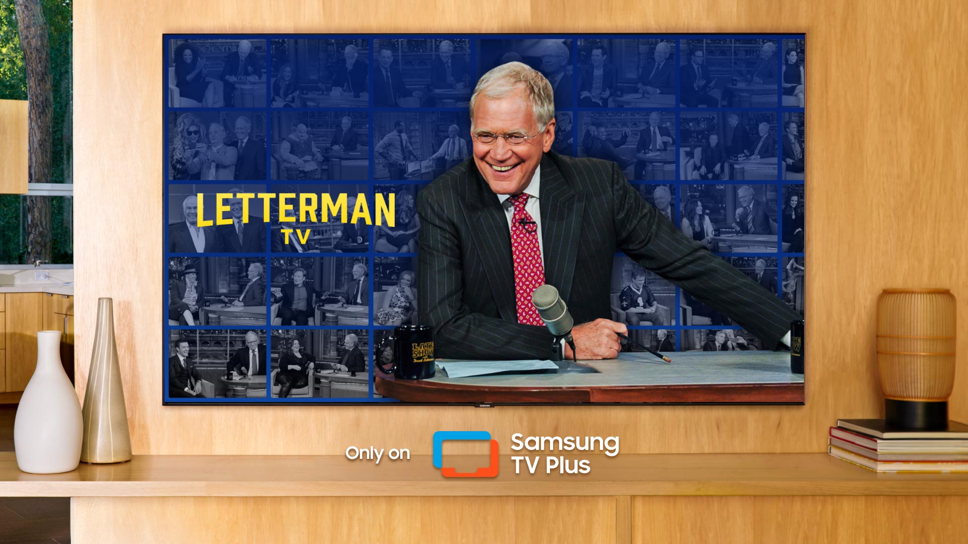 A Samsung TV Plus promo image shows Letterman TV playing on a TV in a living room. Text reads "Only on Samsung TV Plus."