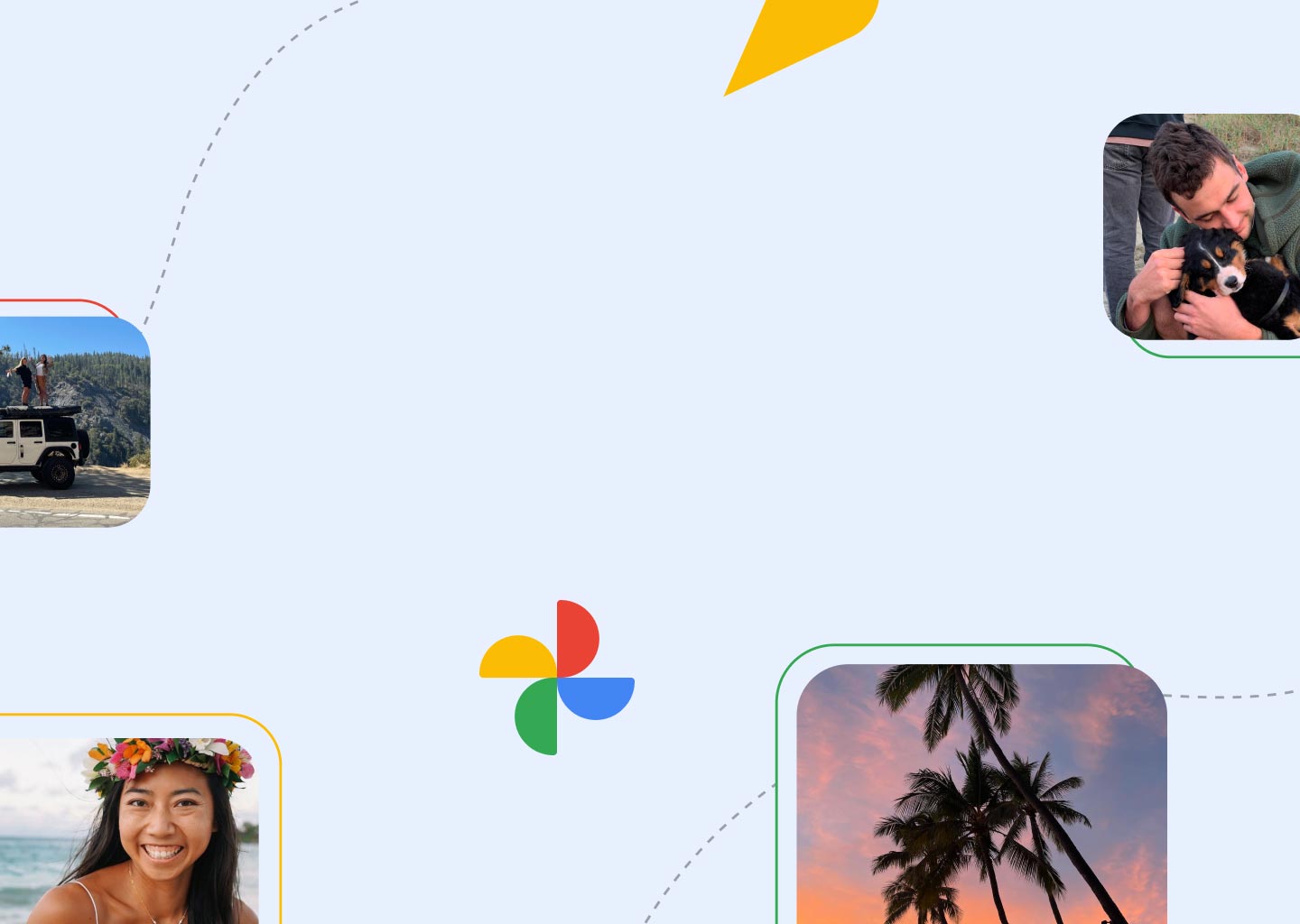 Photos of friends on a jeep, a woman at the beach, palm trees, and a man and puppy are set against a light blue background.