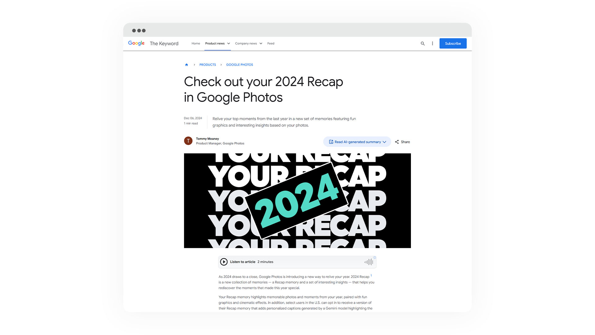 "The Keyword" blog post titled "Check out your 2024 Recap in Google Photos" with an image from a recap video.