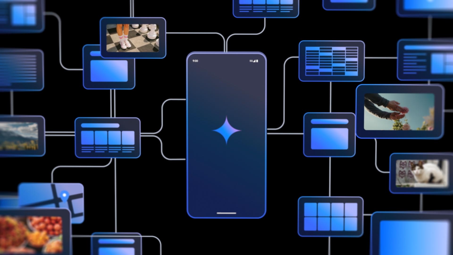 A graphic of a smartphone is shown in the center of a grid, with lines connecting out to various icons of maps, photos, and more.