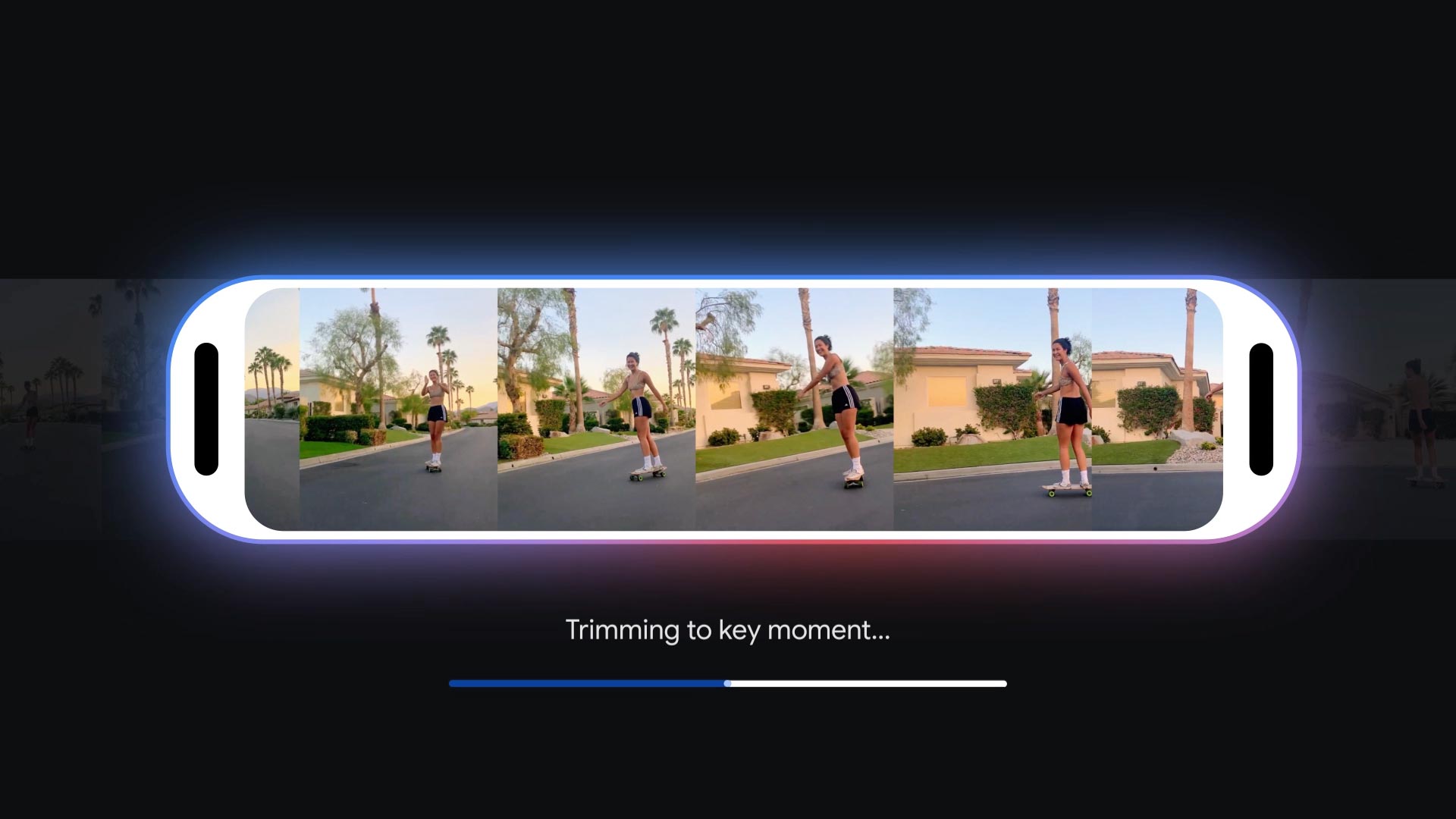 A graphic demonstrates part of the process of a Google Photos editing feature. White text reads "Trimming to key moment..."