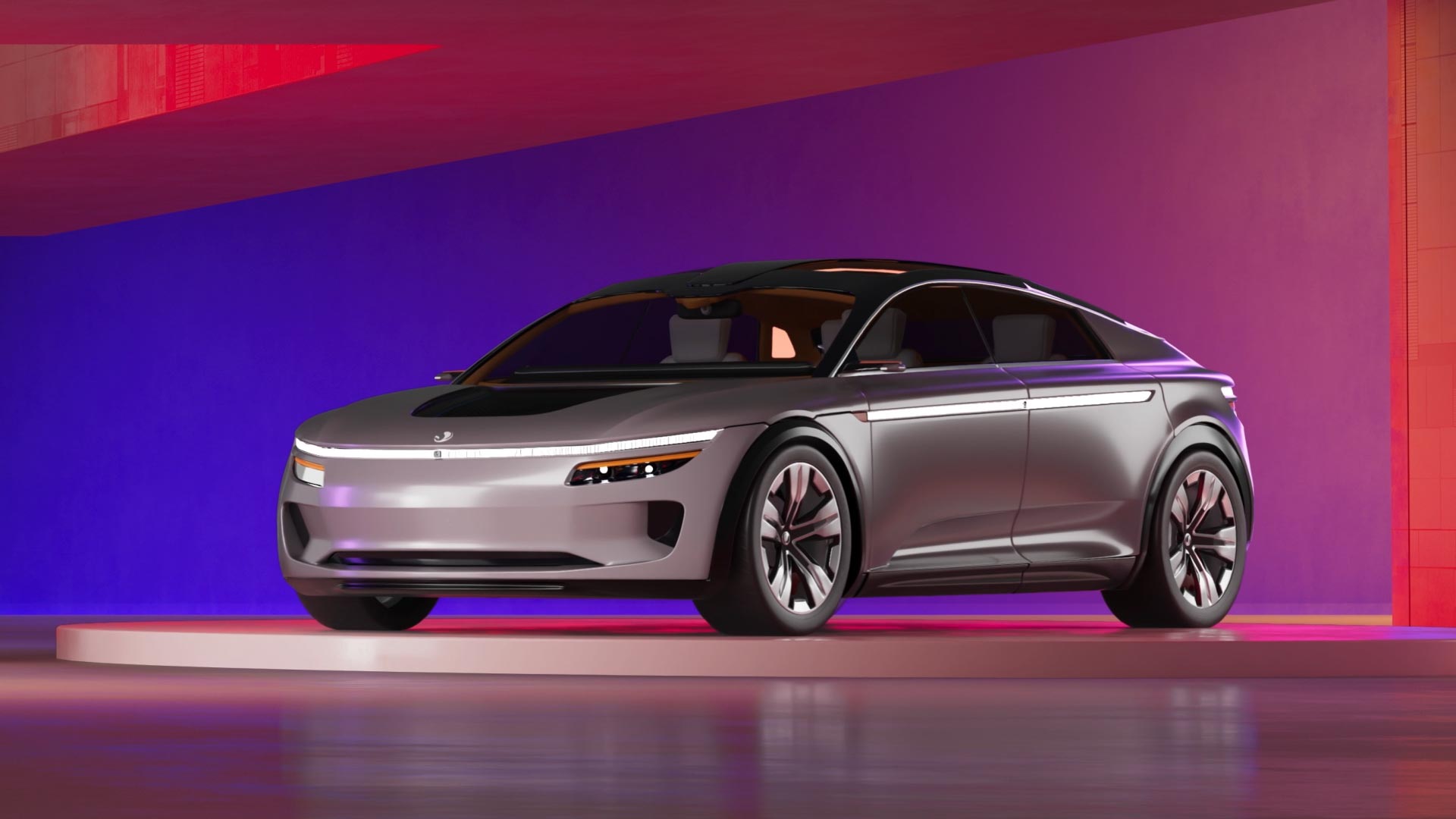 A modern Snapdragon silver sedan sits against a background of blues, reds, purples, and pinks.