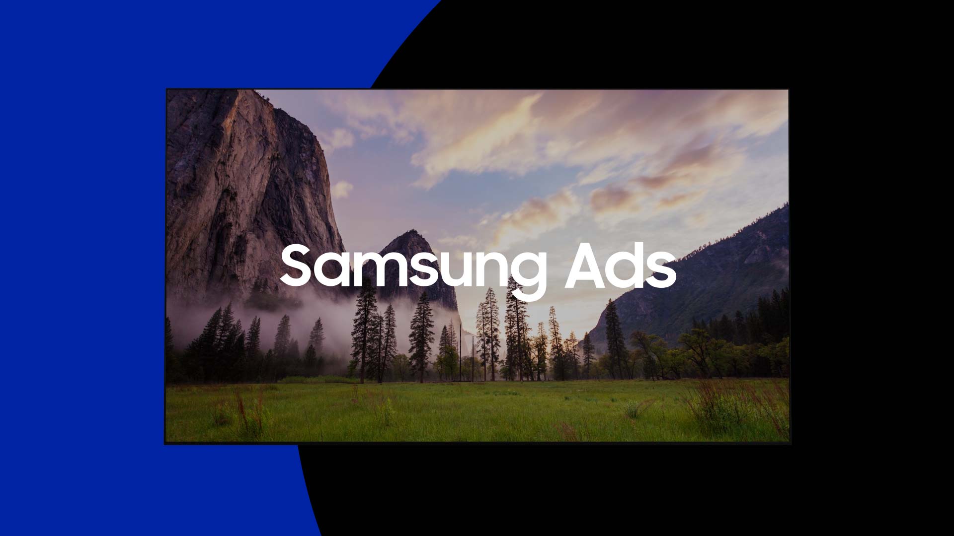 White text reads "Samsung Ads" on a photo of a field with trees and mountains against a blue and black background.