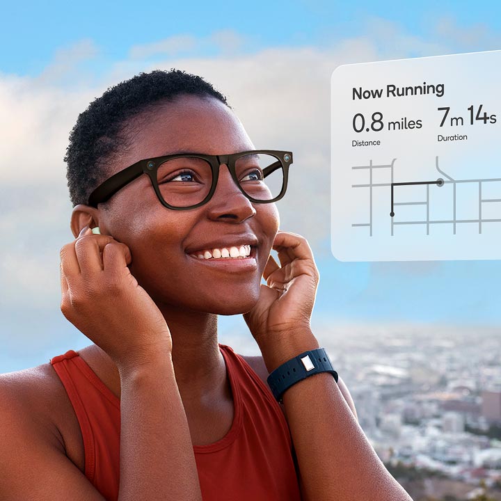 A runner with short hair and glasses uses ear buds and a watch to track her route, distance, and duration.