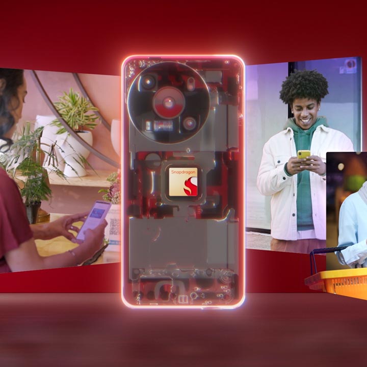 A smartphone featuring the Snapdragon Elite chip floats against a background of photos of young people using smartphones.