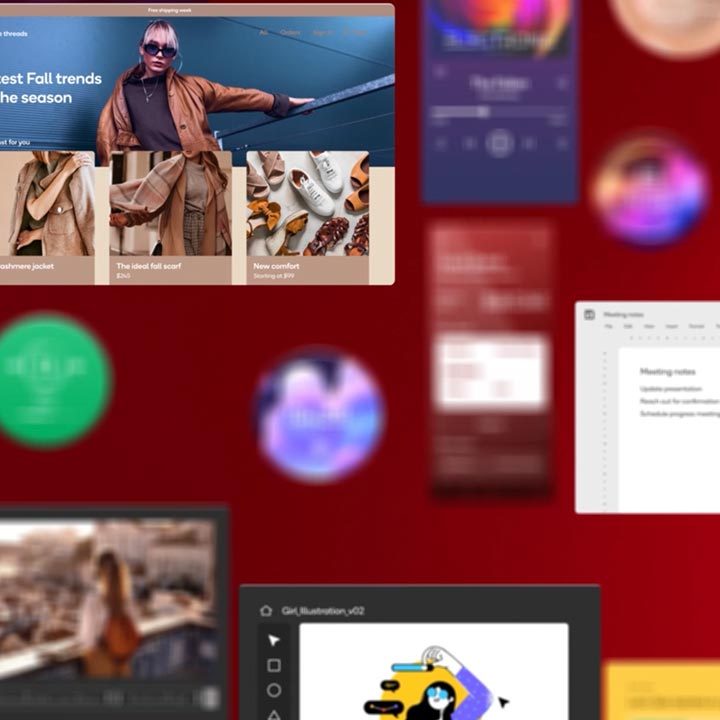 A collage of photos and graphics float against a red background. Some images are clear and others are blurry. 