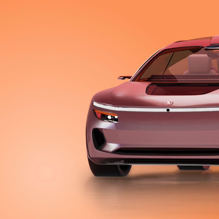 A modern red sedan is shown against a gradient orange background.