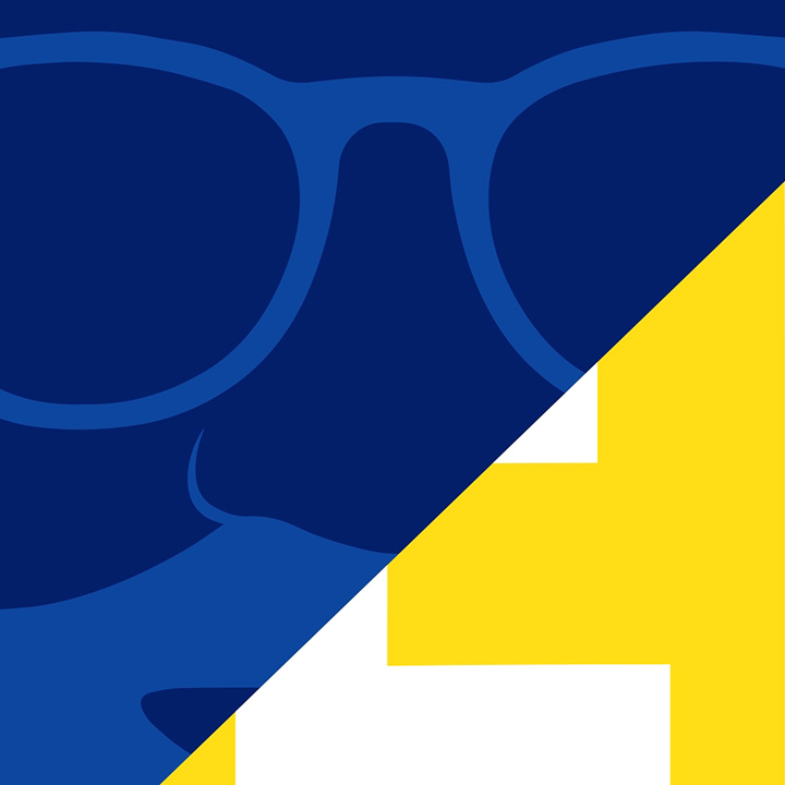 A portion of the blue David Letterman logo on blue appears next to a portion of the letter "E" on yellow.