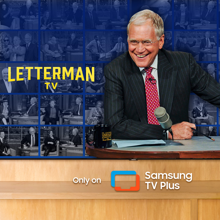 David Letterman sits at his "Late Show" desk with text that says "Letterman TV" and "Only on Samsung TV Plus."