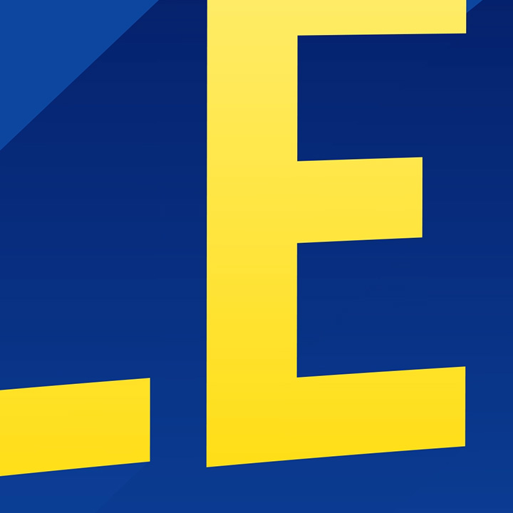 A bold gradient yellow "E" floats against a bright blue background.