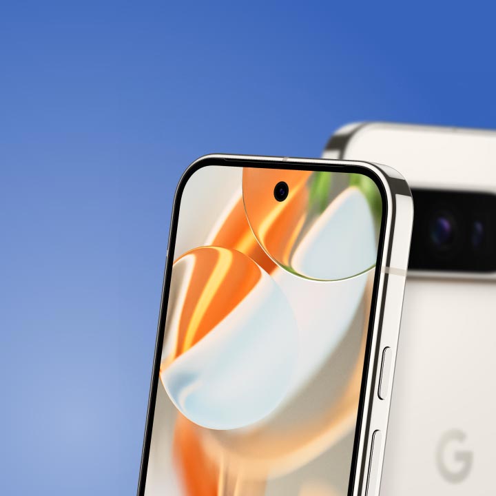 A Porcelain Google Pixel smartphone with a colorful abstract screen is shown against a blue gradient background.