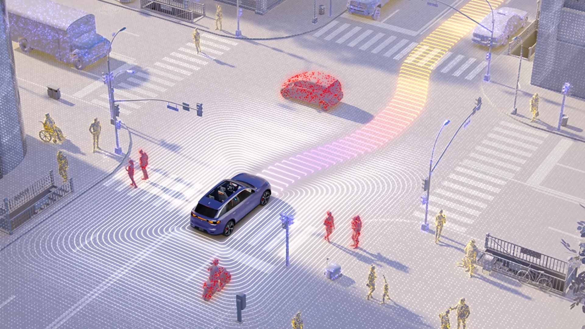 A 3D image of a Snapdragon-powered car is shown driving through a busy intersection full of people, bikes, and cars.