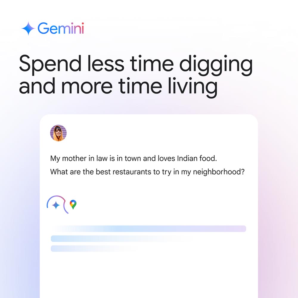 Headline: "Spend less time digging and more time living"; prompt: "What are the best restaurants to try in my neighborhood?"