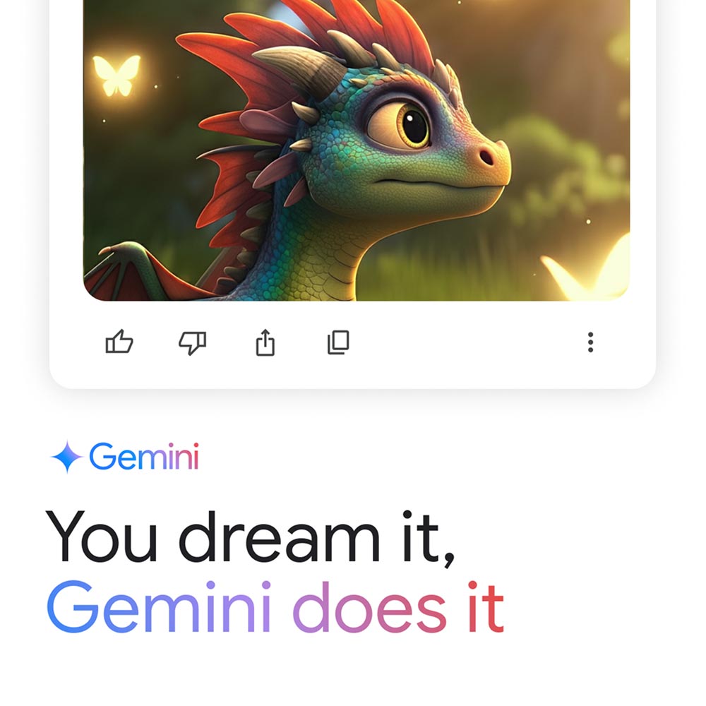 Headline text reads "You dream it, Gemini does it" with the Gemini logo and an AI-generated image of a tiny dragon.
