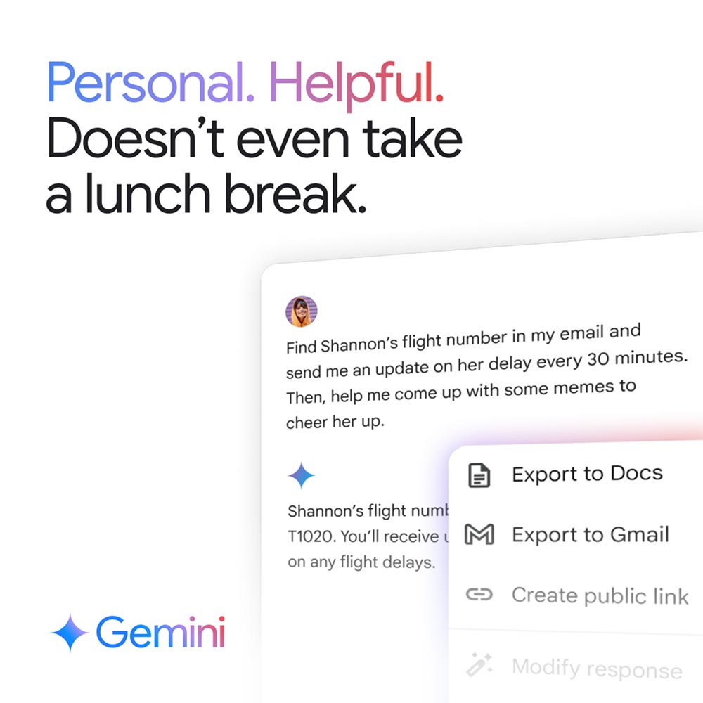 Headline text reads "Personal. Helpful. Doesn't even take a lunch break" with prompt "Find Shannon's flight number."